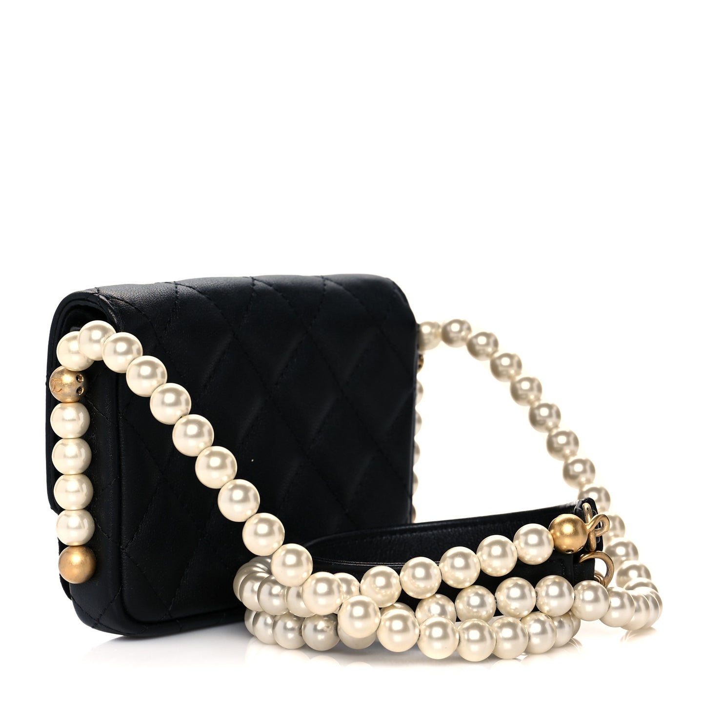 Calfskin Quilted About Pearls Card Holder Flap With Chain Black