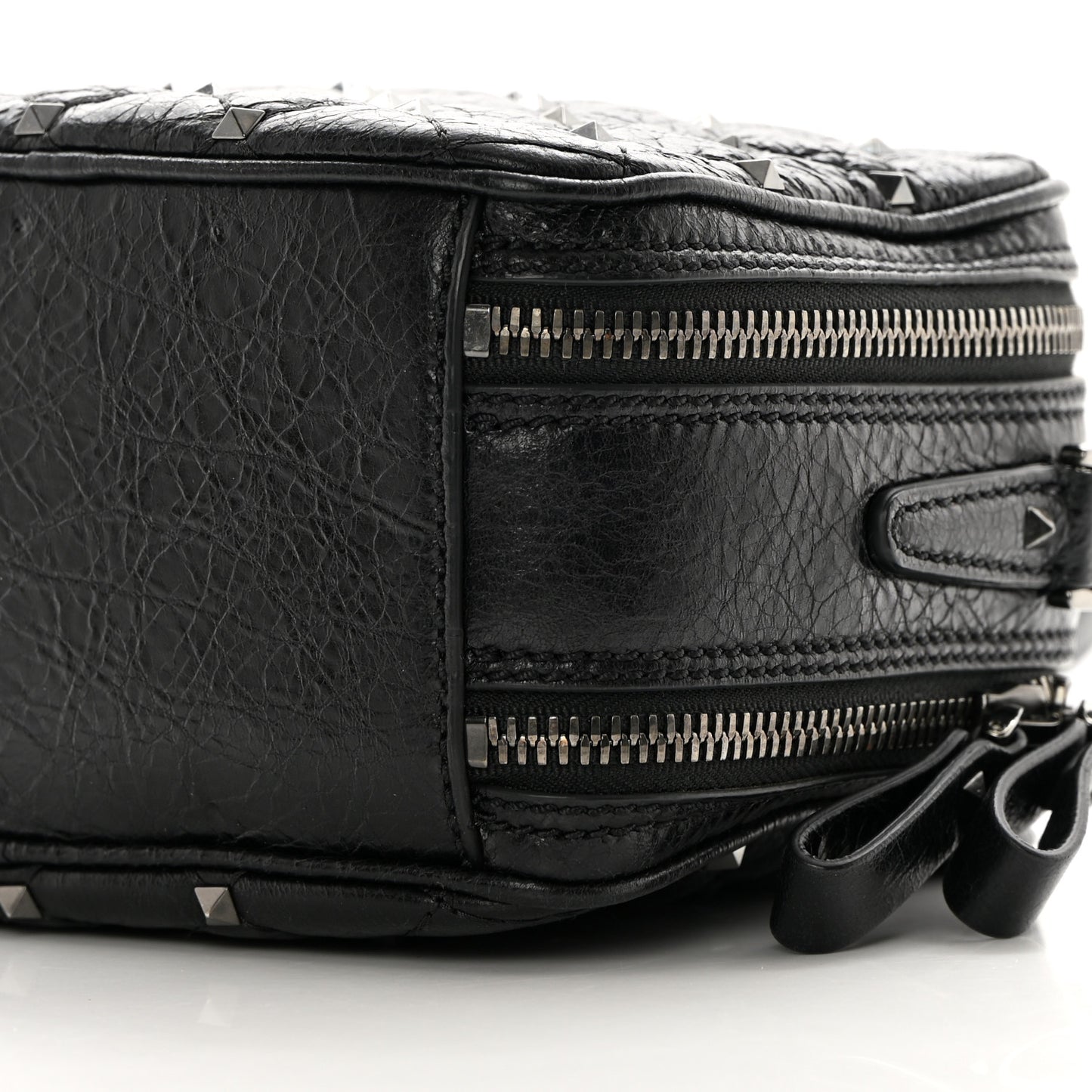 Craquele Nappa Rockstud Spike Double Zip Camera Crossbody Bag Black