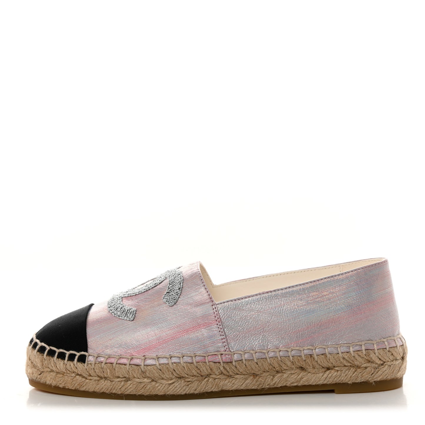 Laminated Lambskin Grosgrain Embroidered CC Espadrilles 37 Pink Silver Black