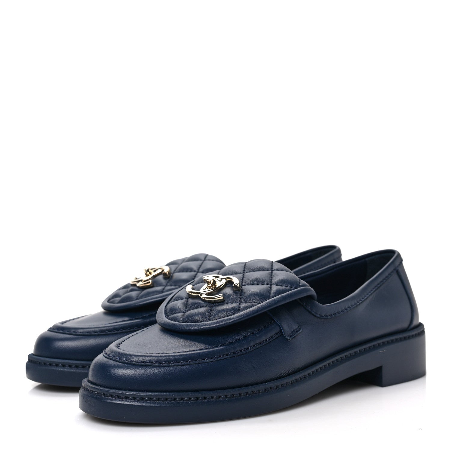 Chanel Lambskin Quilted CC Turnlock Loafers 37.5 Navy 3 of 7