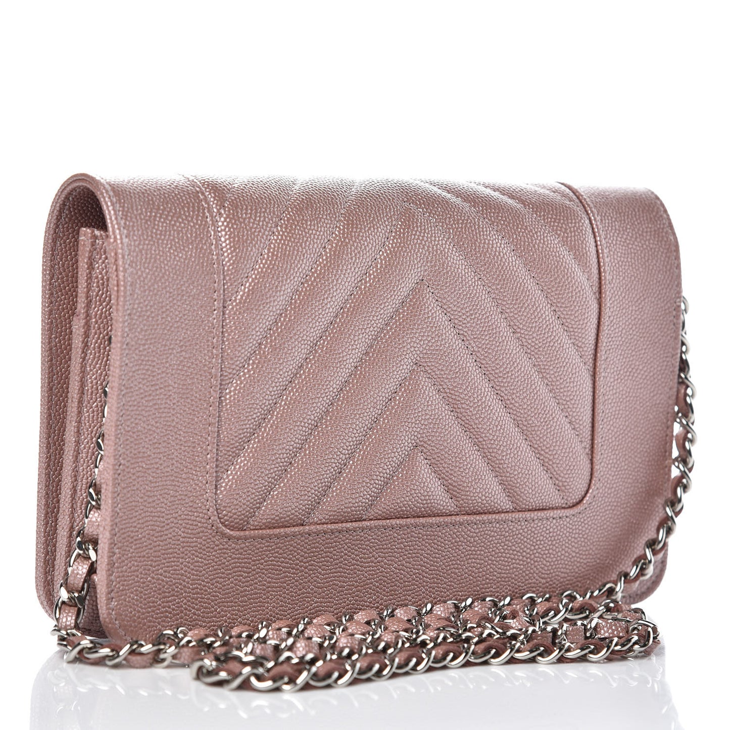 Metallic Caviar Chevron Quilted Vintage Mademoiselle Wallet On Chain WOC Pink