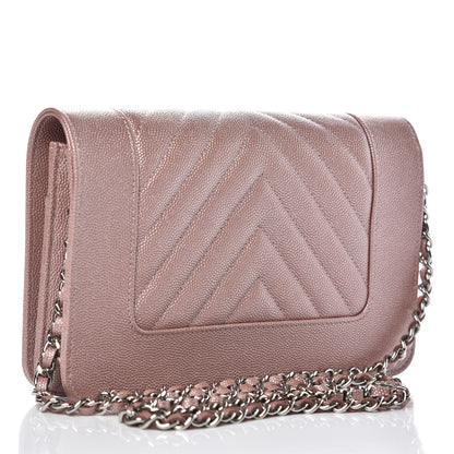 Chanel Metallic Caviar Chevron Quilted Vintage Mademoiselle Wallet On Chain WOC Pink 3 of 8