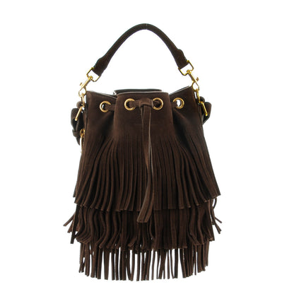 Saint Laurent Suede Calfskin Small Emmanuelle Fringe Bucket Bag Brown 1 of 7
