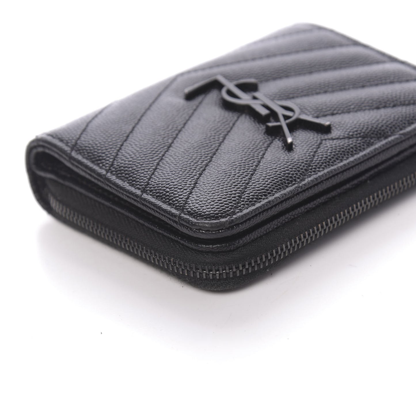 Grain De Poudre Matelasse Chevron Monogram Compact Zip Around Wallet Black