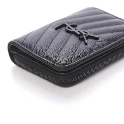 Saint Laurent Grain De Poudre Matelasse Chevron Monogram Compact Zip Around Wallet Black 14 of 15