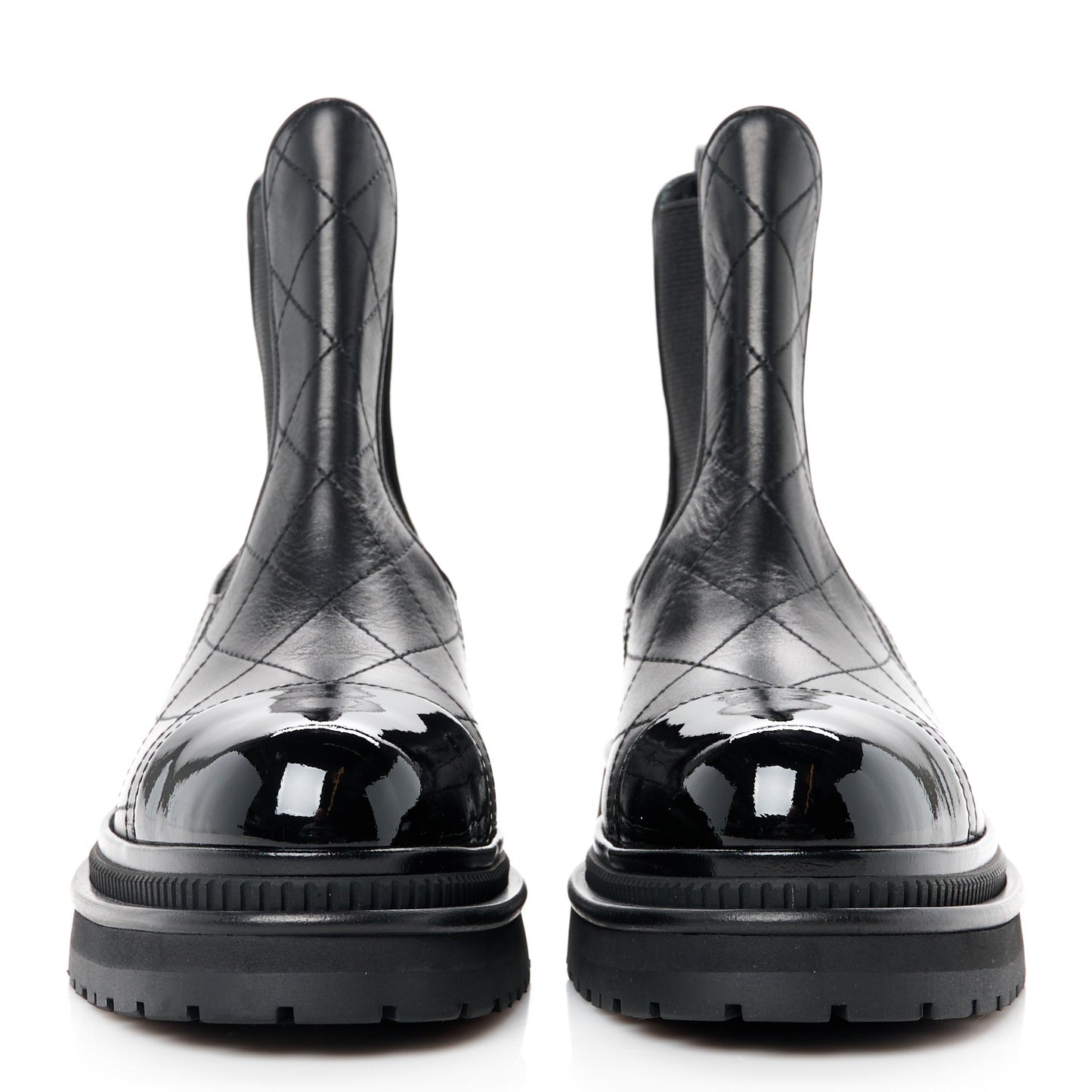 Calfskin Patent Cap Toe Quilted Short Boots 37 Black