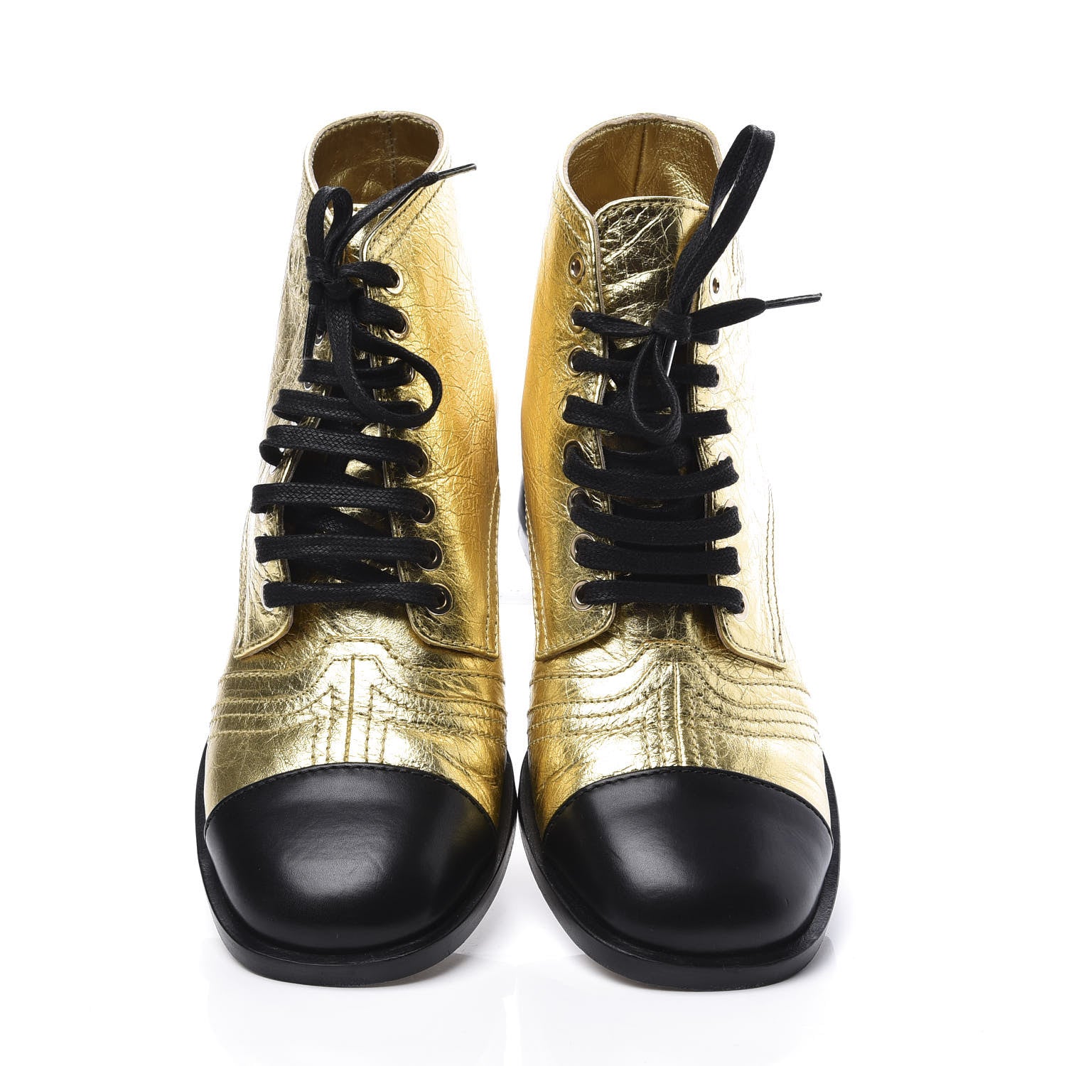 Chanel Metallic Calfskin Cap Toe Lace Up Boots 37.5 Gold Black 5 of 10