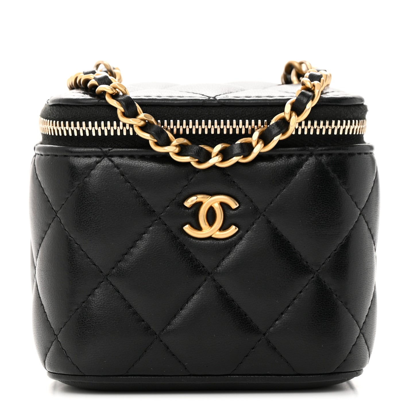 Lambskin Quilted Mini Pearl Crush Vanity Case With Chain Black