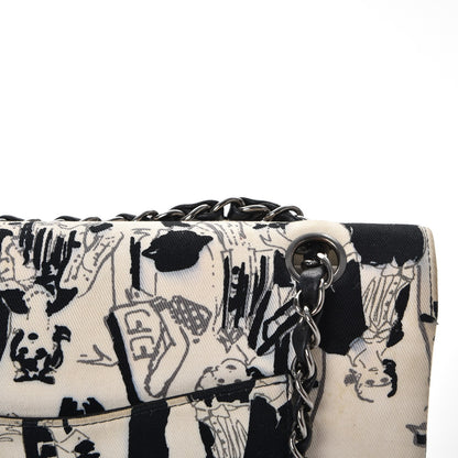 Chanel Canvas Printed Medium Double Flap Black White 11 of 17