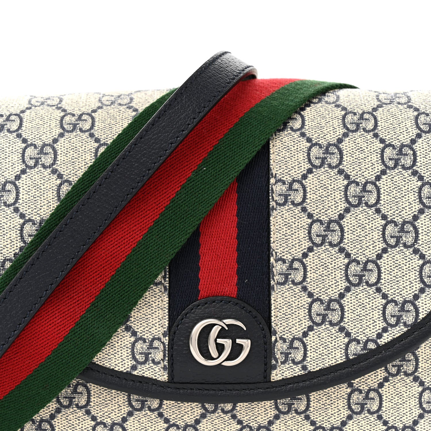 Gucci GG Supreme Monogram Textured Dollar Calfskin Web Studded Mini Ophidia Flap Shoulder Bag Beige Blue 8 of 10