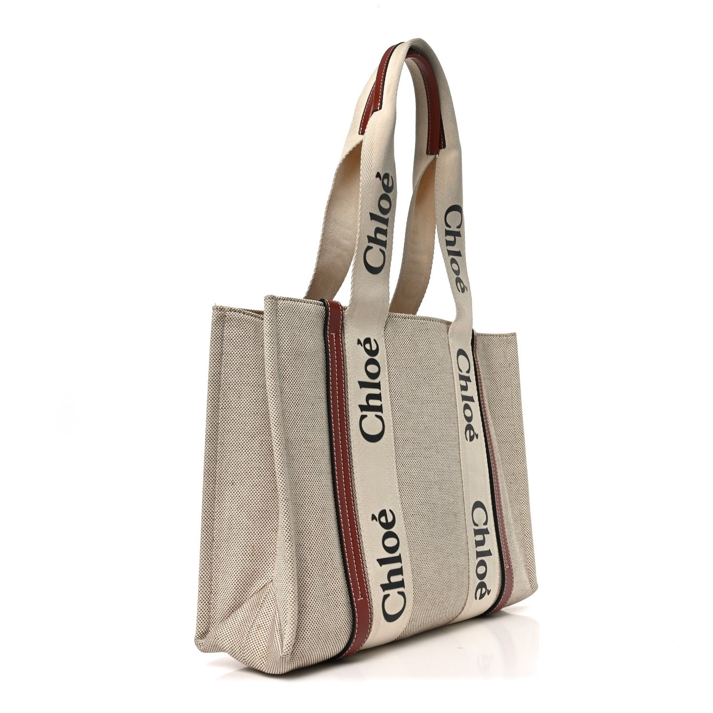 Linen Calfskin Medium Woody Ribbon Tote White Brown