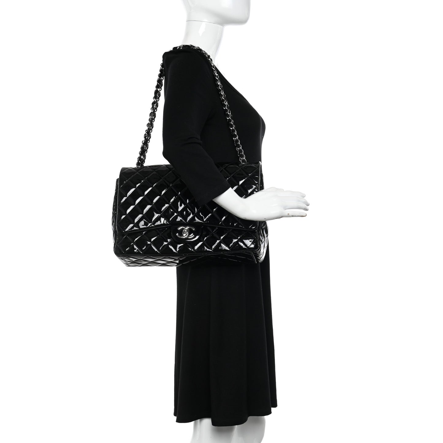 Patent Quilted Maxi Double Flap Black