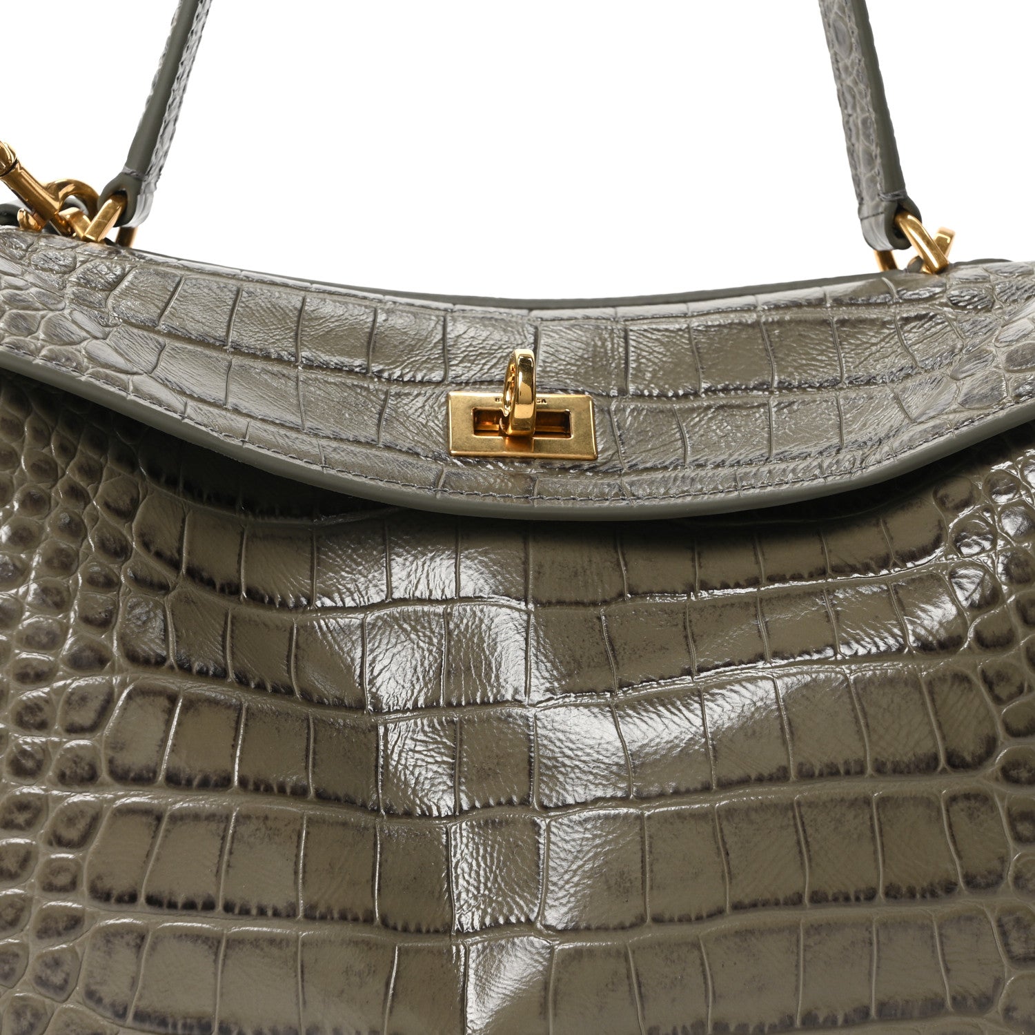Balenciaga Shiny Calfskin Crocodile Embossed Small Rodeo Top Handle Handbag Army Green 7 of 9