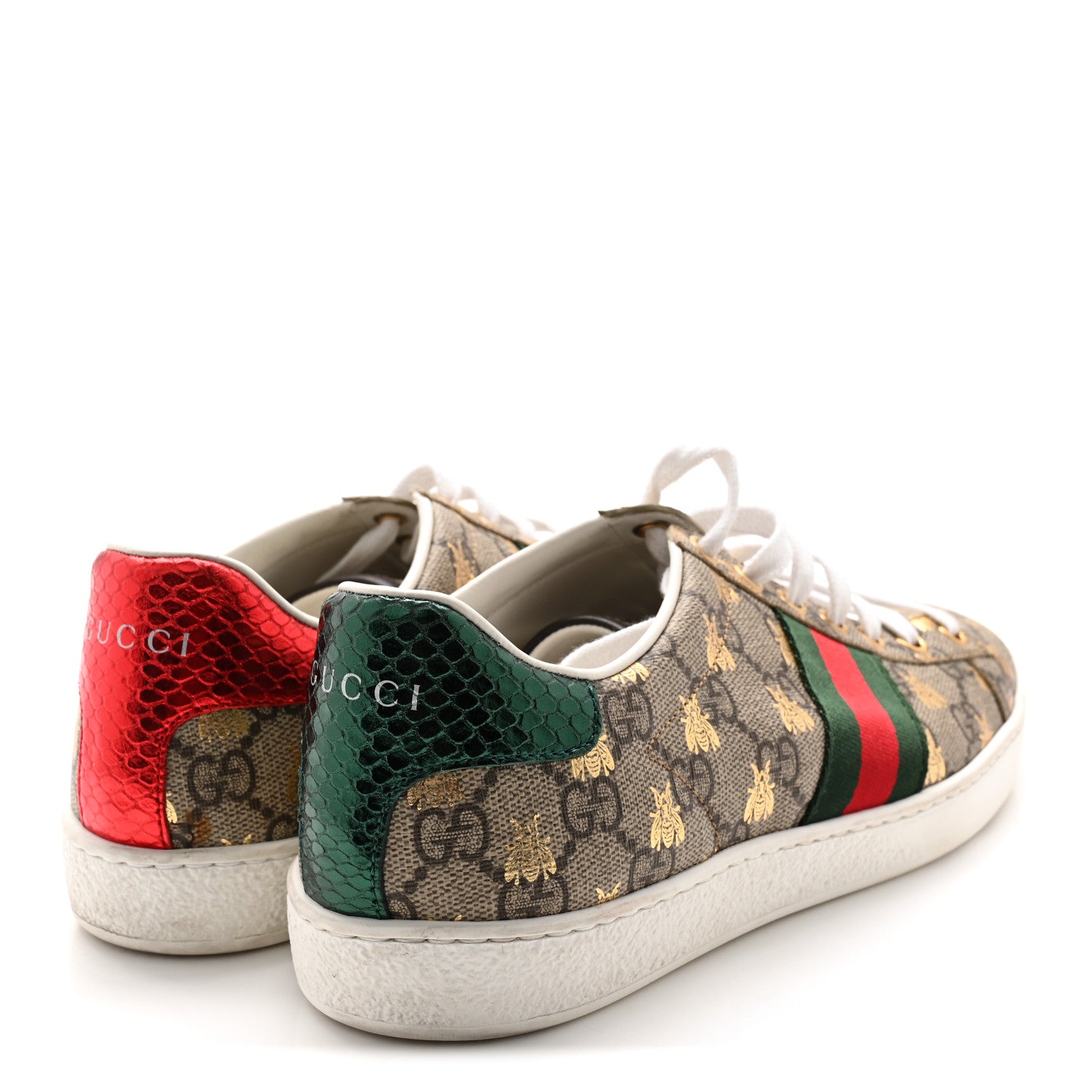 Gucci GG Supreme Monogram Bees Ayers Web Womens Ace Sneakers 38.5 Beige Oro Green Red 4 of 10