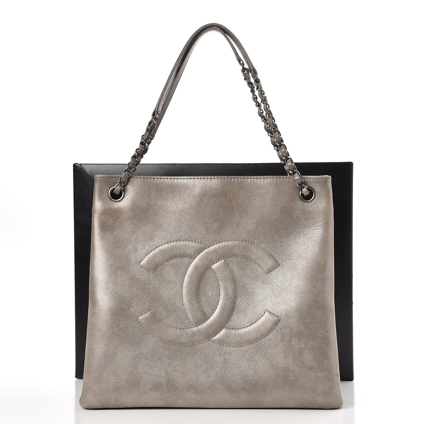 Iridescent Calfskin CC North South Large Shopping Tote Silver