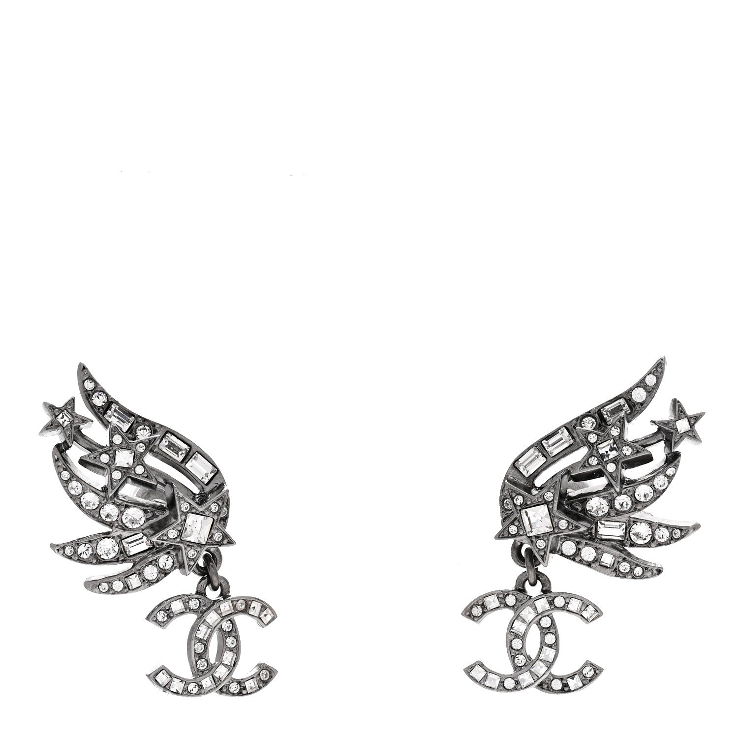 Chanel Crystal Baguette CC Wing Star Earrings Silver 1 of 4