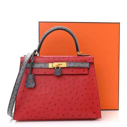 Hermes Ostrich Horseshoe Kelly Sellier 28 Rouge Vif Gris Agate 11 of 11