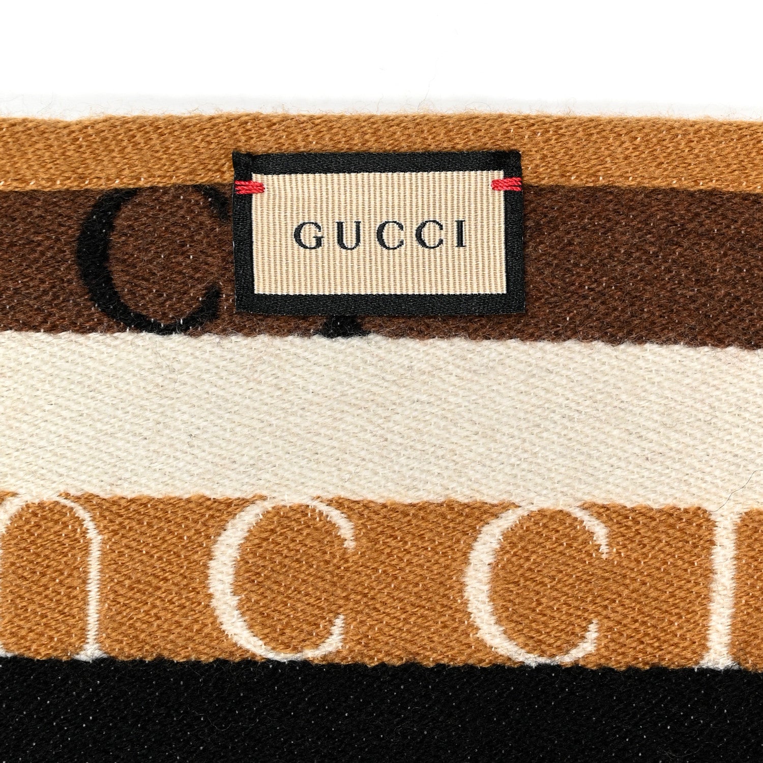 Gucci Wool Cotton Logo Wood Stripes Scarf Light Brown Dark Brown 3 of 4