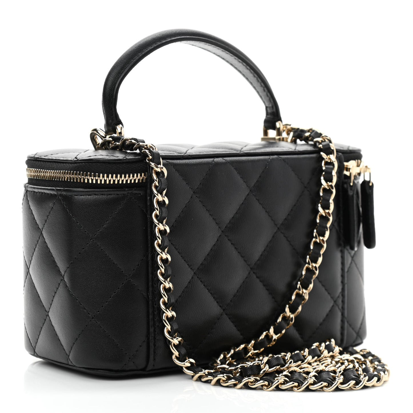 Lambskin Quilted Small Top Handle Vanity Case With Chain Black