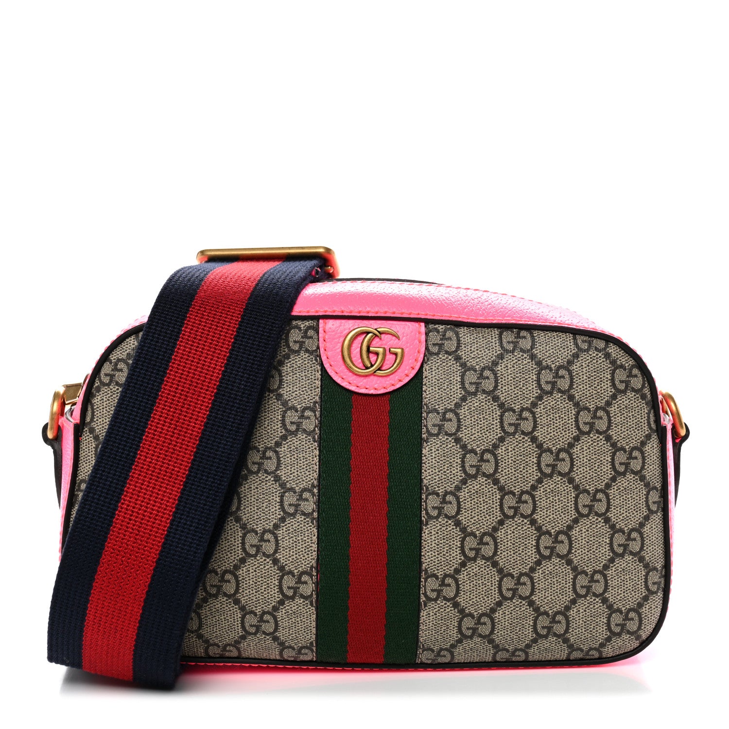 Gucci GG Supreme Monogram Textured Dollar Calfskin Web Ophidia Small Crossbody Bag Beige Ebony Fuchsia 1 of 10