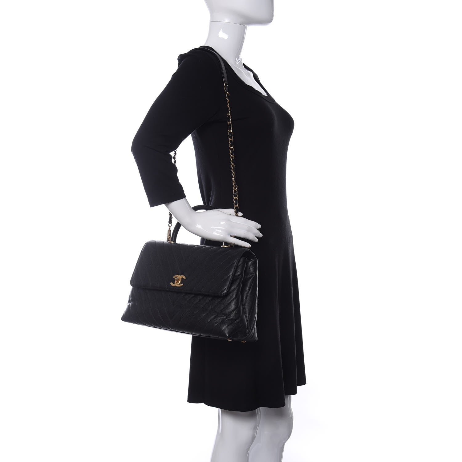 Chanel Caviar Chevron Quilted Medium Coco Handle Flap Black 2 of 15