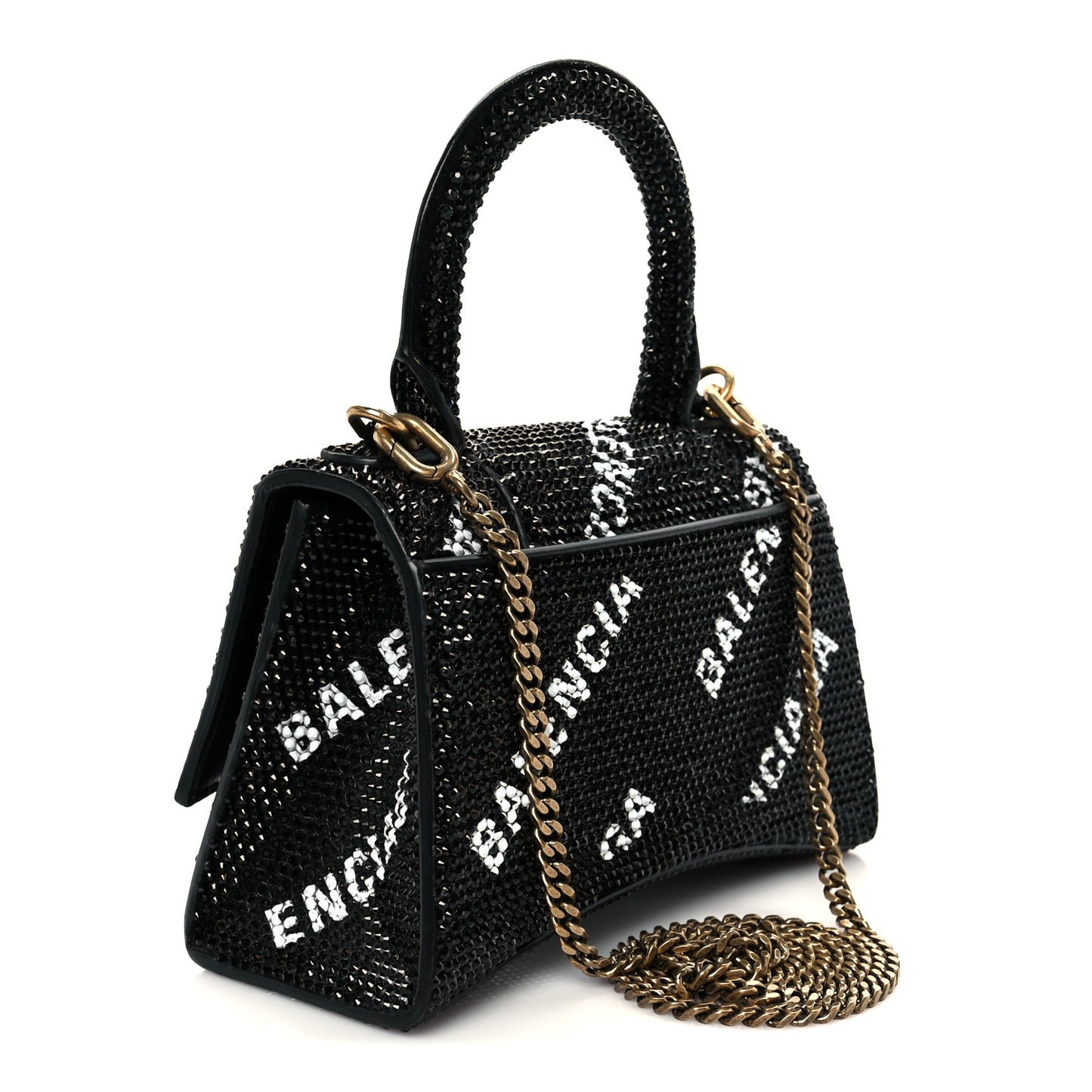 Strass Suede Allover Logo Hourglass Top Handle Bag XS with Chain Black White Black White