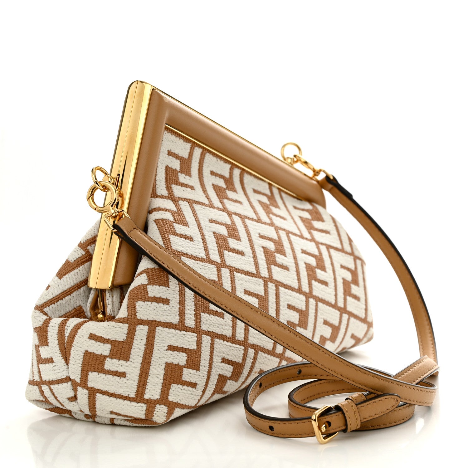 Fendi Raffia Chenille Shiny Nappa FF 1974 Small Fendi First Natural White Miele Scuro 3 of 12