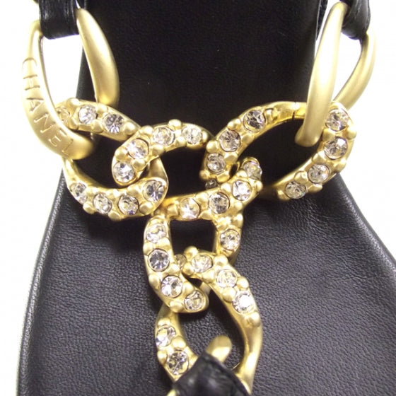 Chanel Gold Crystal Chain Sandals 36.5 Black 6 of 7