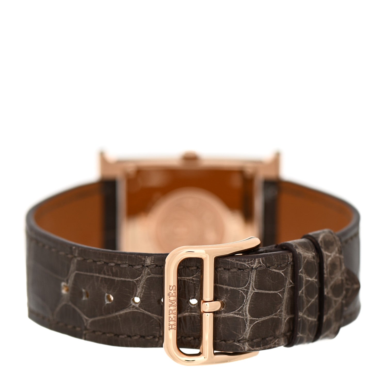 Hermes 18K Rose Gold Alligator Diamond Bezel Mother of Pearl 26mm Heure H Hour Quartz Watch Gris Elephant 3 of 5