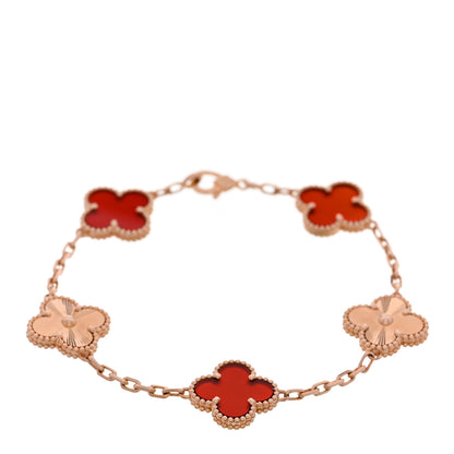 Van Cleef & Arpels 18K Rose Gold Carnelian 5 Motifs Guilloche Vintage Alhambra Bracelet 1 of 5