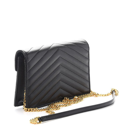 Saint Laurent Grain De Poudre Matelasse Chevron Monogram Envelope Chain Wallet Black 3 of 8