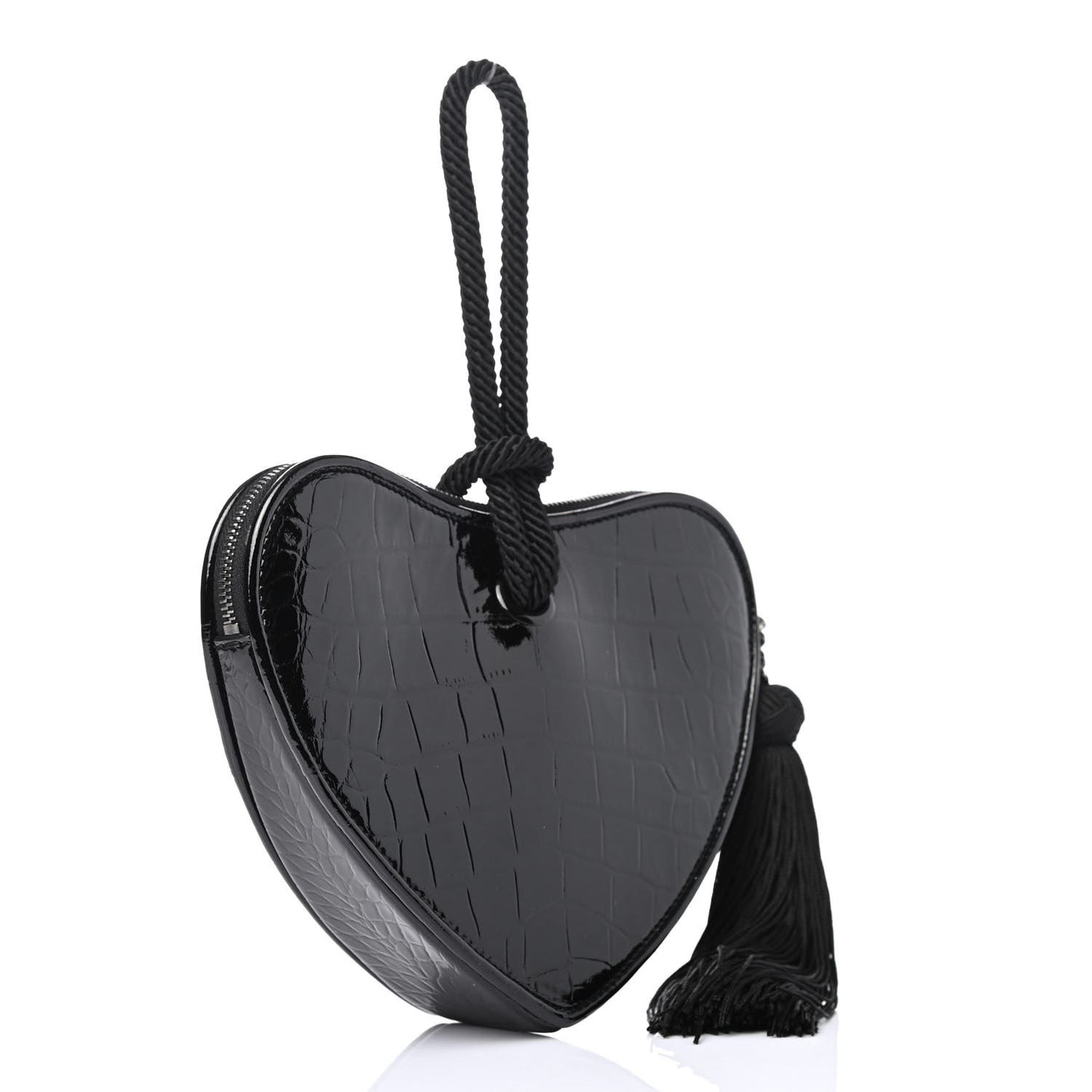 Patent Crocodile Embossed Sac Coeur Heart Shaped Clutch Black