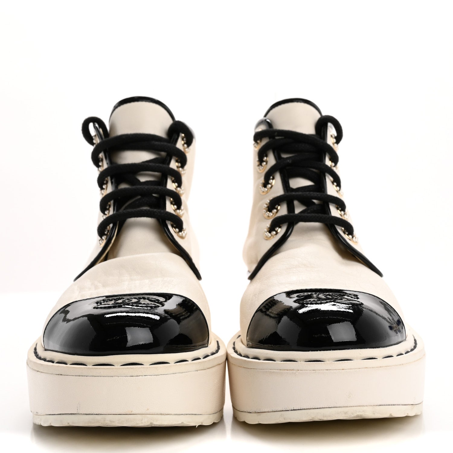Chanel Lambskin Patent CC Cap Toe Pearl Short Boots 36.5 White Black 3 of 14
