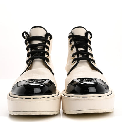 Chanel Lambskin Patent CC Cap Toe Pearl Short Boots 36.5 White Black 3 of 14