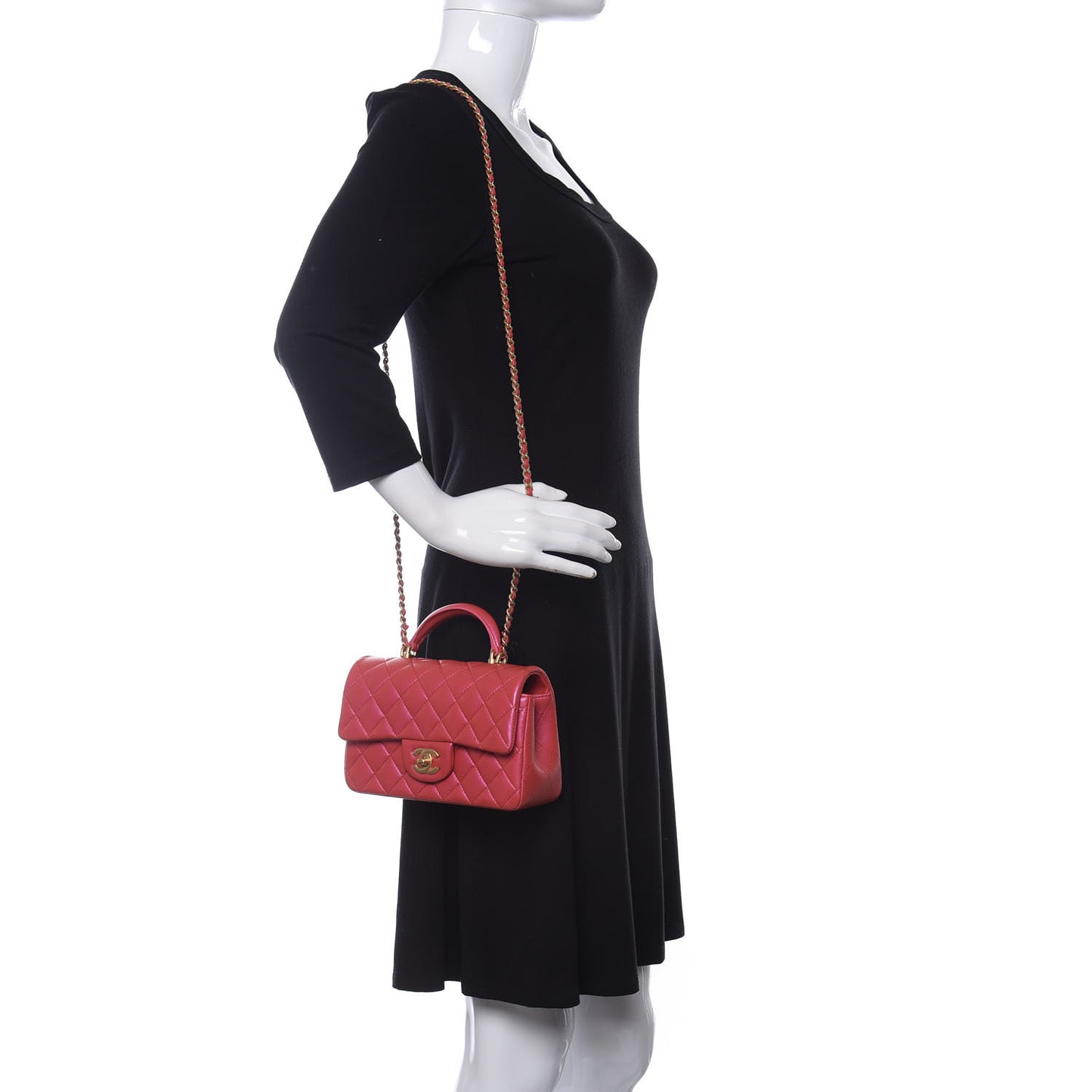 Iridescent Lambskin Quilted Mini Top Handle Rectangular Flap Red