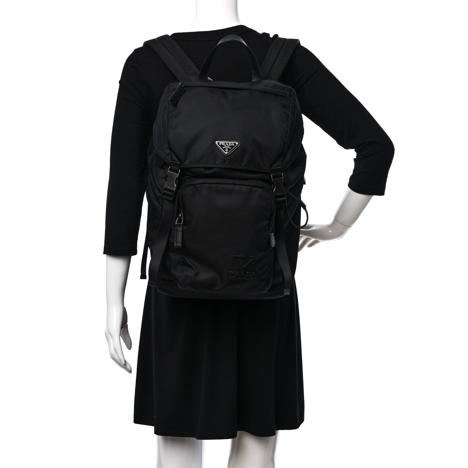 Prada Re-Nylon Saffiano Logo Double Buckle Backpack Black 2 of 8
