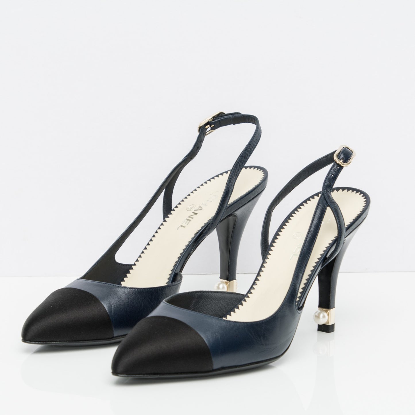 Lambskin Satin Cap Toe CC Slingback Heels 38 Navy Black