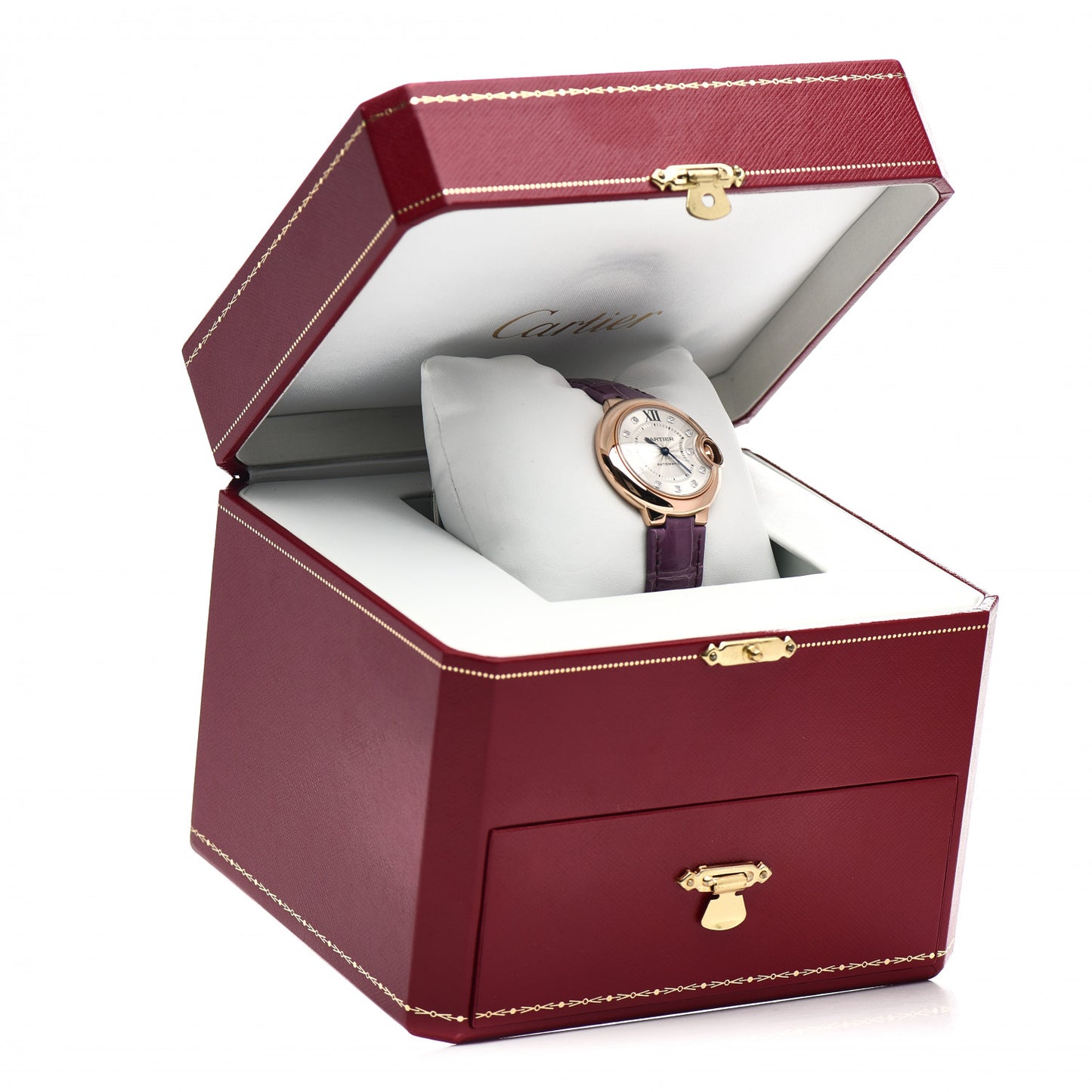 18K Pink Gold Alligator Diamond 33mm Ballon Bleu De Cartier Automatic Watch Violet