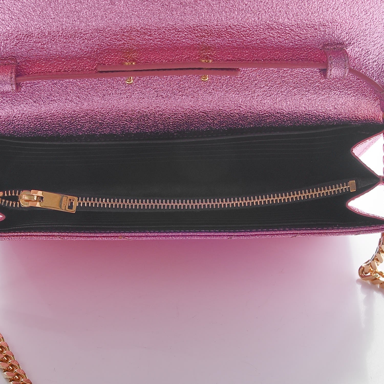 Saint Laurent Metallic Crackled Calfskin Matelasse Chevron Monogram Chain Wallet Light Pink 5 of 7