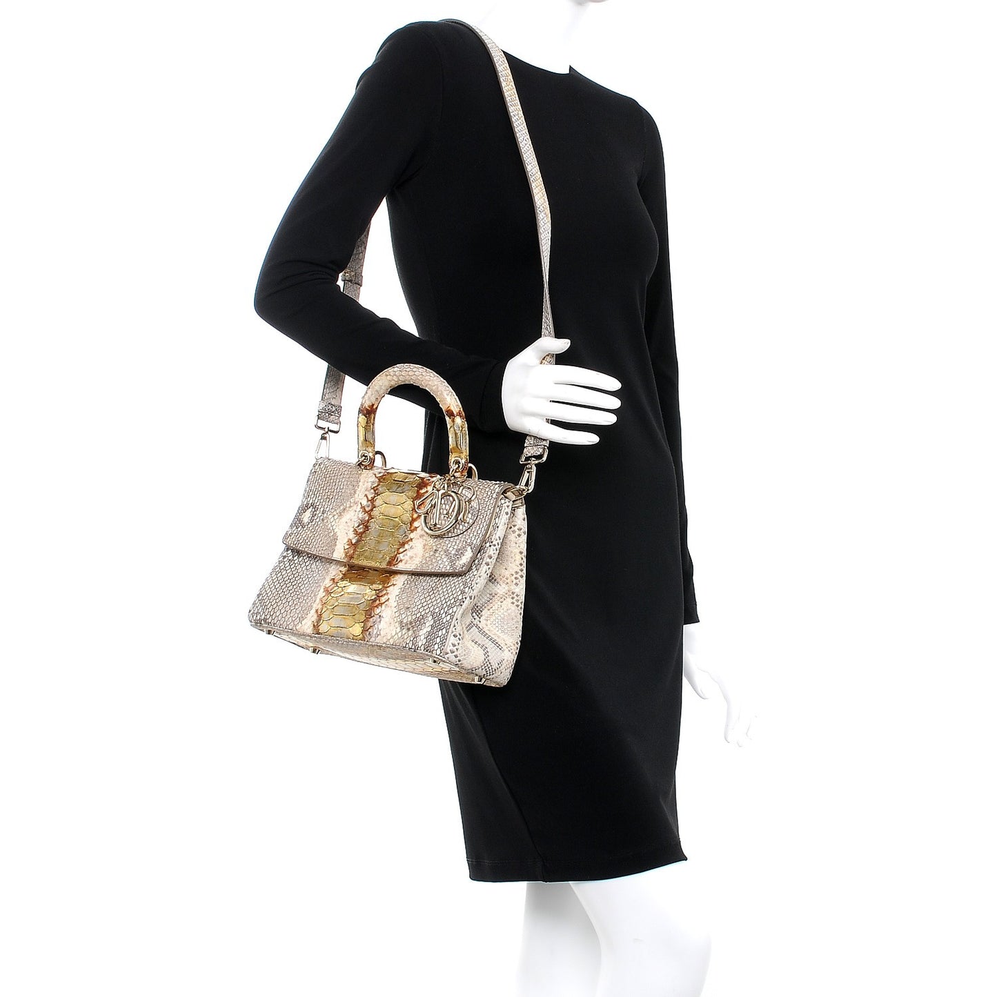 Metallic Python Small Be Dior Flap Beige Gold