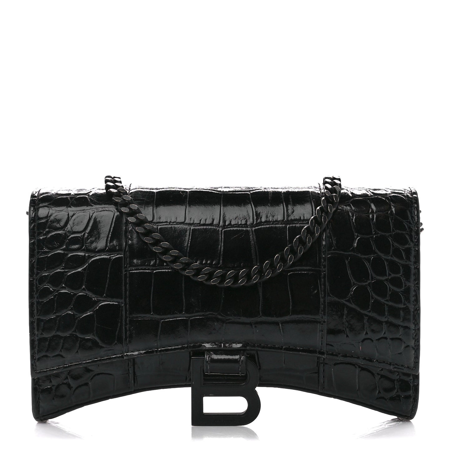 Shiny Calfskin Monochrome Crocodile Embossed Hourglass Chain Bag Black