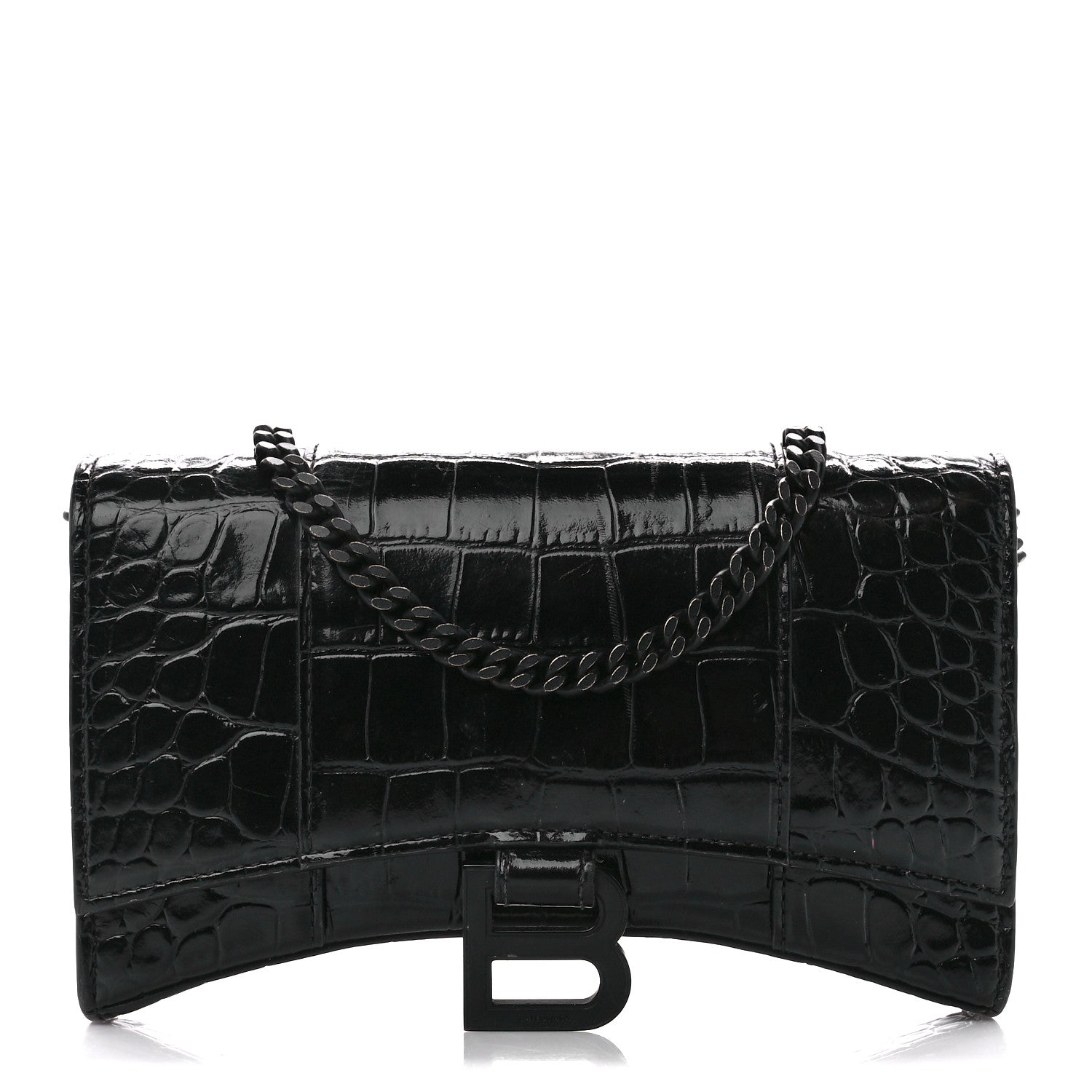 Balenciaga Shiny Calfskin Monochrome Crocodile Embossed Hourglass Chain Bag Black 1 of 13