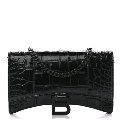 Balenciaga Shiny Calfskin Monochrome Crocodile Embossed Hourglass Chain Bag Black 1 of 13