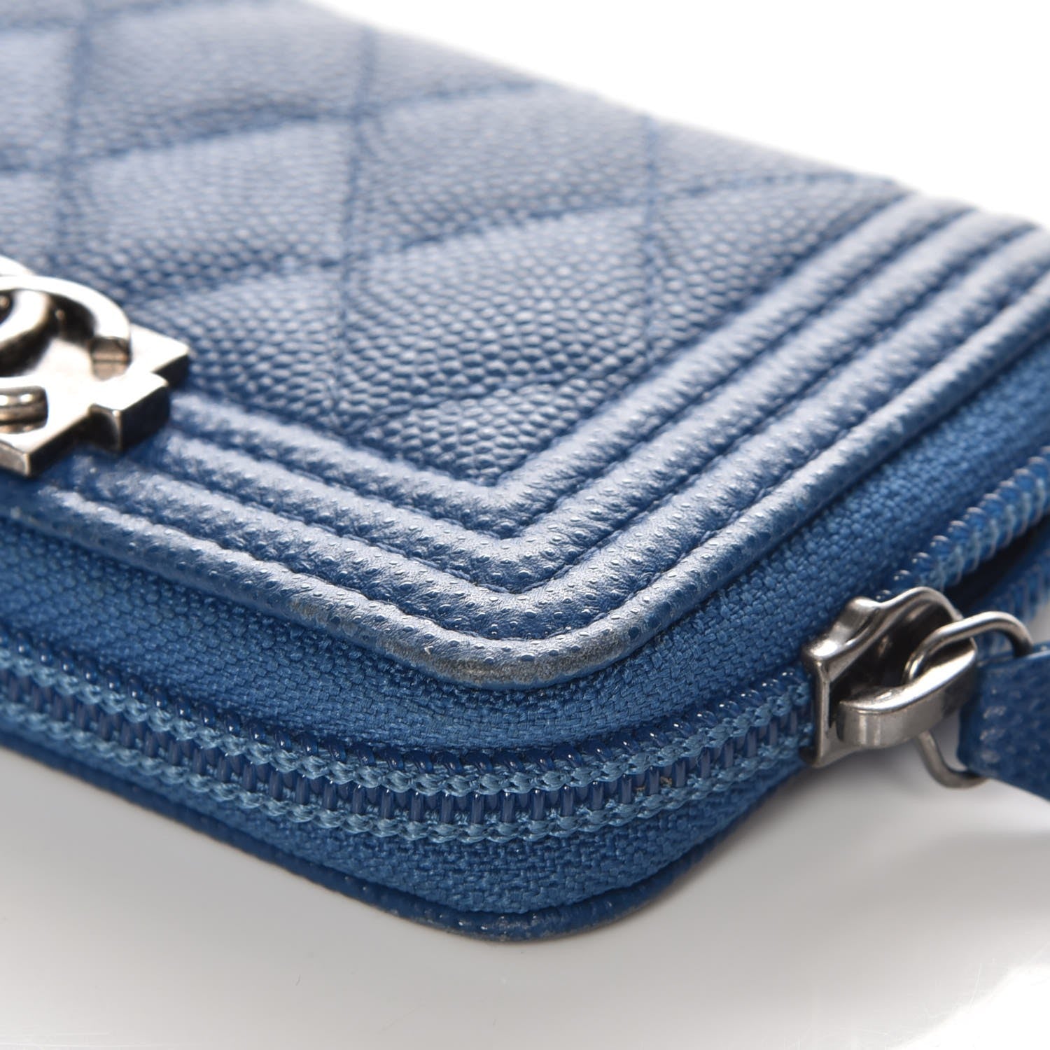 Chanel Caviar Quilted Boy Zip Around Coin Purse Wallet Blue 11 of 12