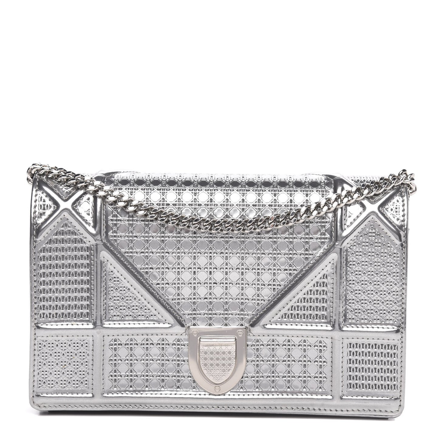 Metallic Patent Micro-Cannage Diorama Wallet on Chain Pouch Silver