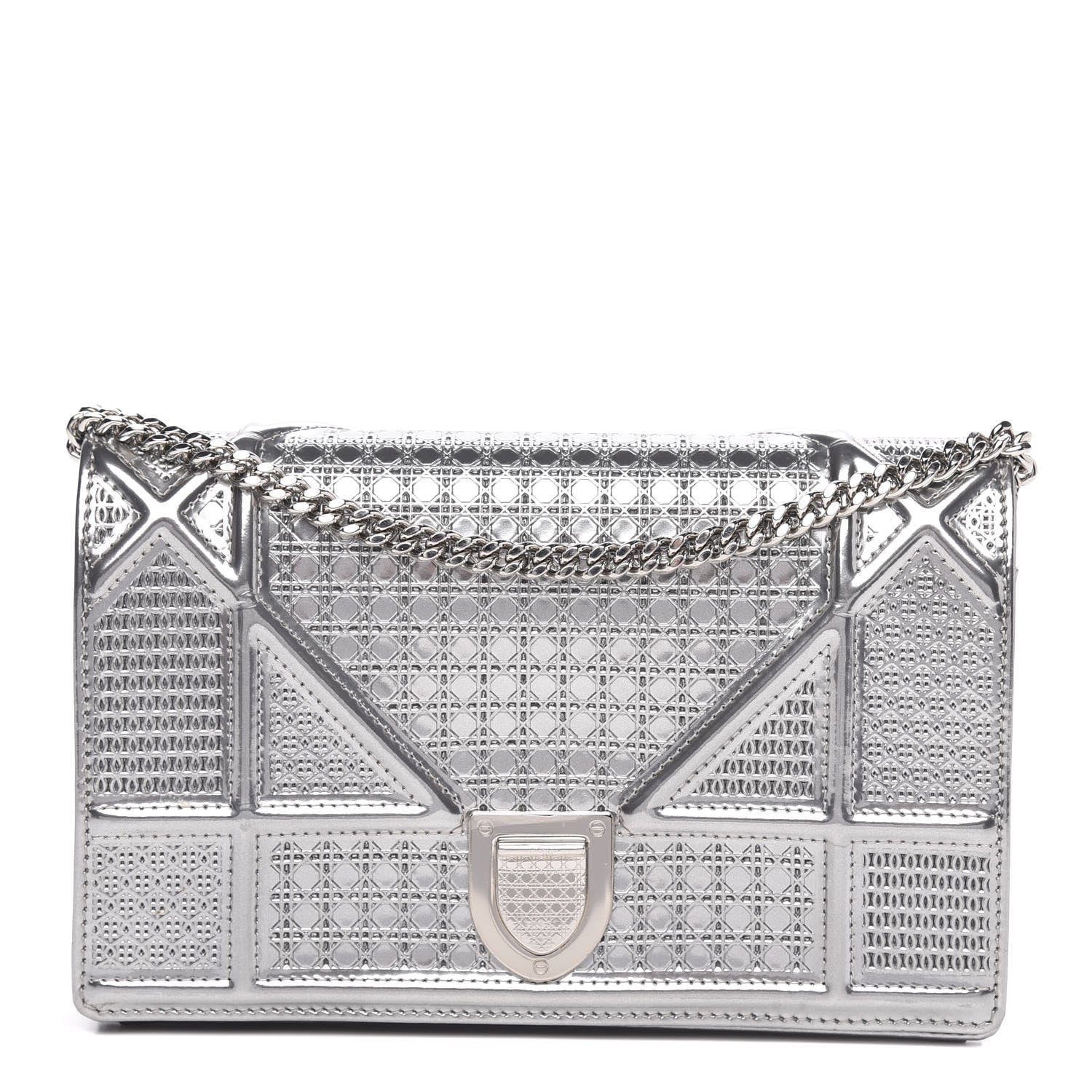 Christian Dior Metallic Patent Micro-Cannage Diorama Wallet on Chain Pouch Silver 1 of 9