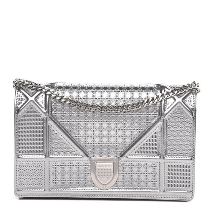 Christian Dior Metallic Patent Micro-Cannage Diorama Wallet on Chain Pouch Silver 1 of 9