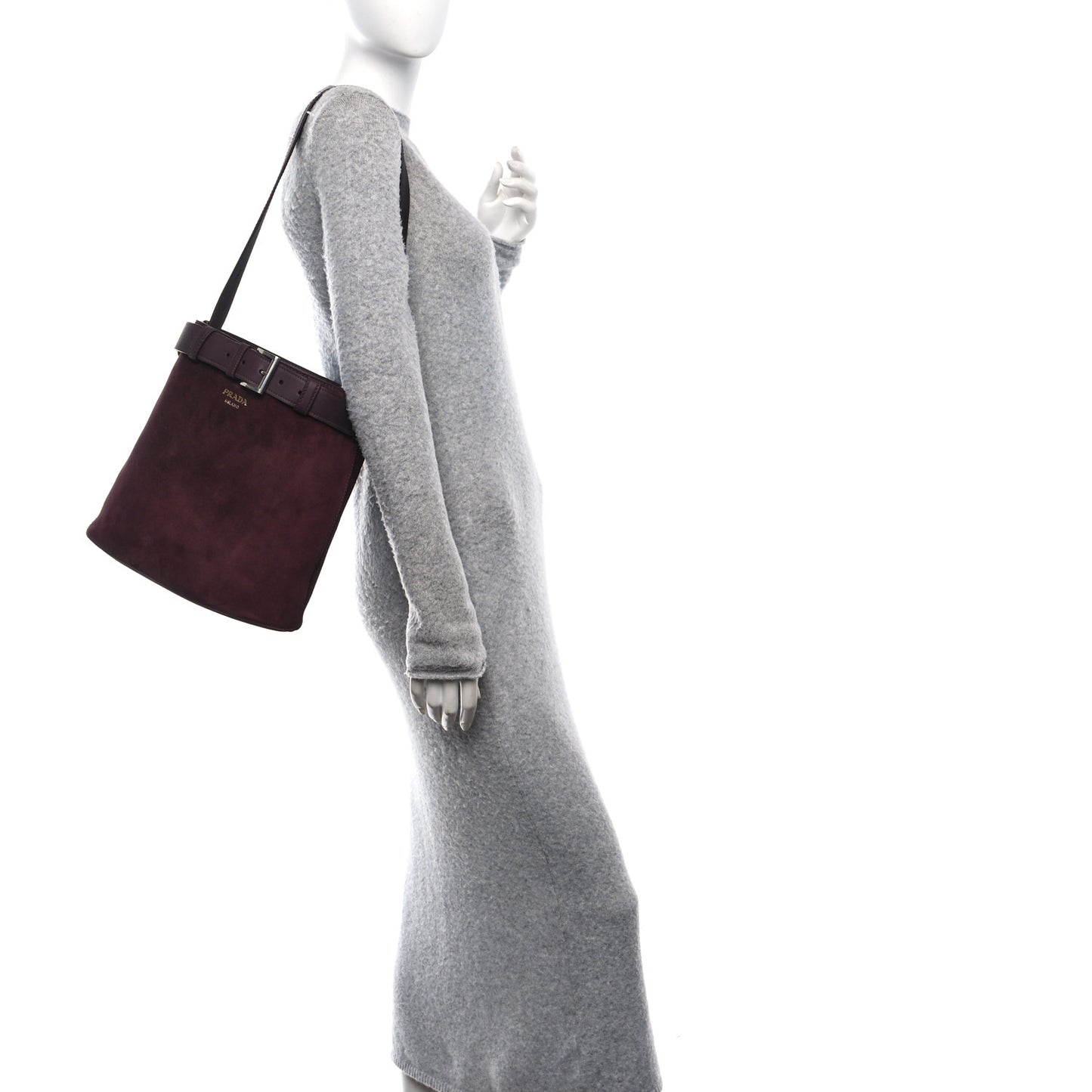 Suede Buckle Bucket Bag With Belt Burgundy
