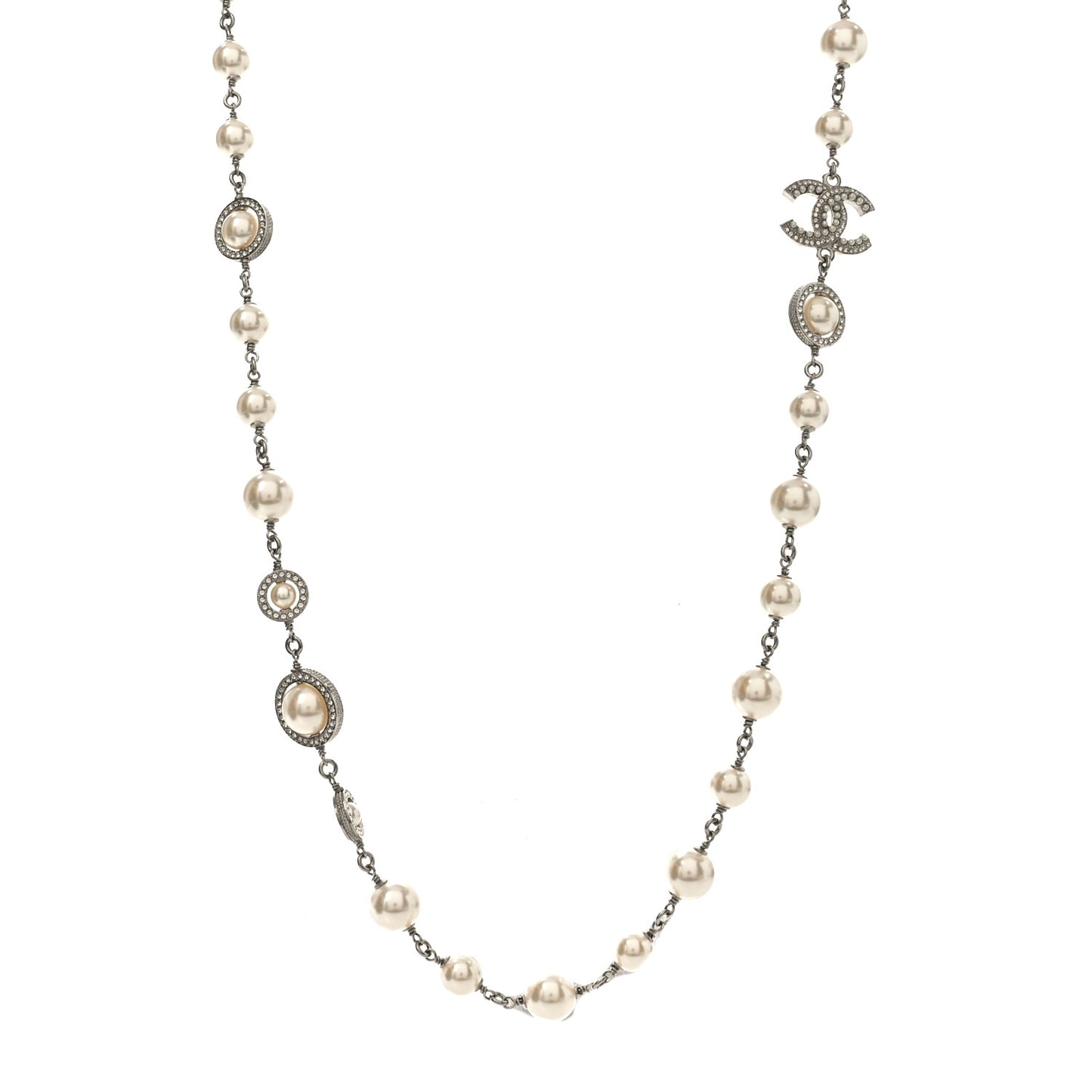 Pearl Crystal CC Long Necklace Silver