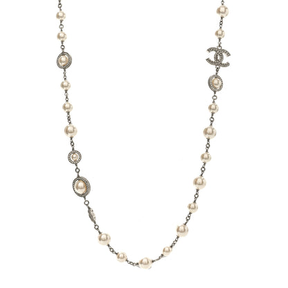 Chanel Pearl Crystal CC Long Necklace Silver 1 of 5